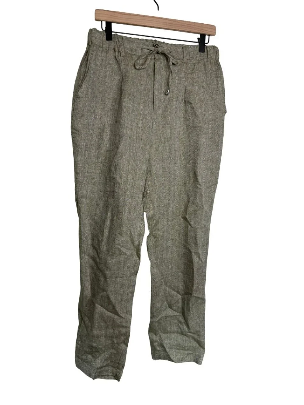 NOHOW Linen Drawstring Casual Pants Men Green Relaxed Straight Leg Size EU 50